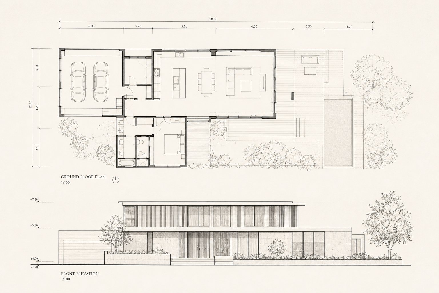 Sfeerimpressie van een architectonische plattegrond en geveltekening.