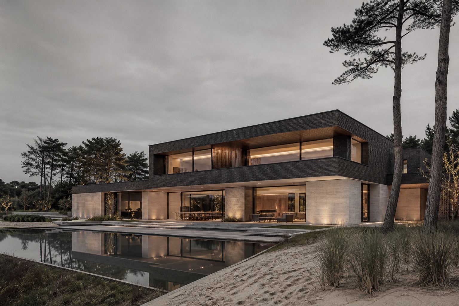 Sfeerimpressie van een hoogwaardige villa met zwembad in een duinlandschap, bij schemering.