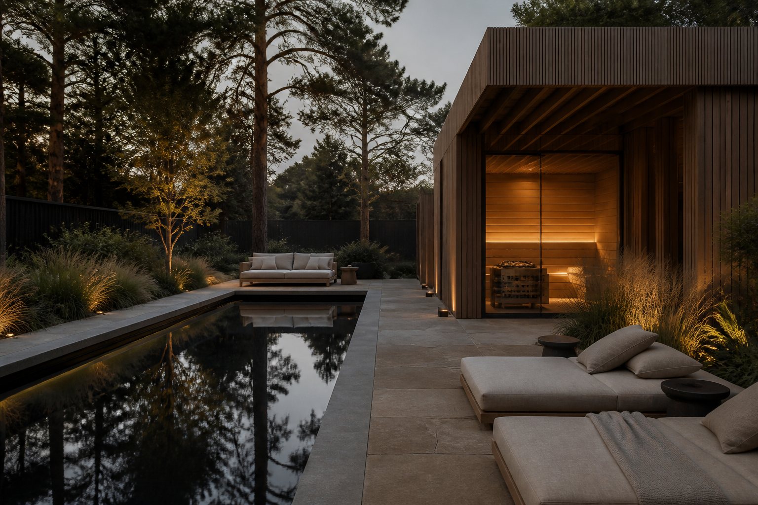 Sfeerimpressie van een wellnessruimte met sauna en zwembad in de schemering.